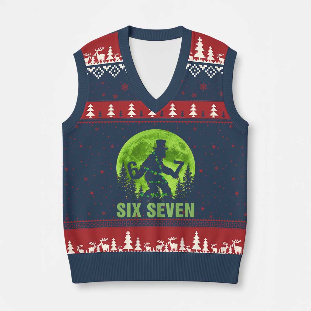 Funny Bigfoot St Patricks Day V-Neck Knit Sweater Vest Sasquatch Hiding Moon Forest Meme
