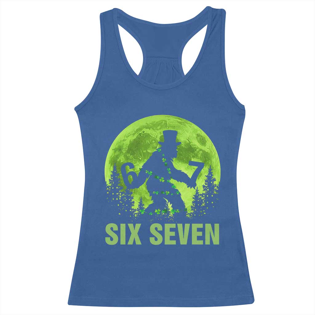 Funny Bigfoot St Patricks Day Racerback Tank Top Sasquatch Hiding Moon Forest Meme