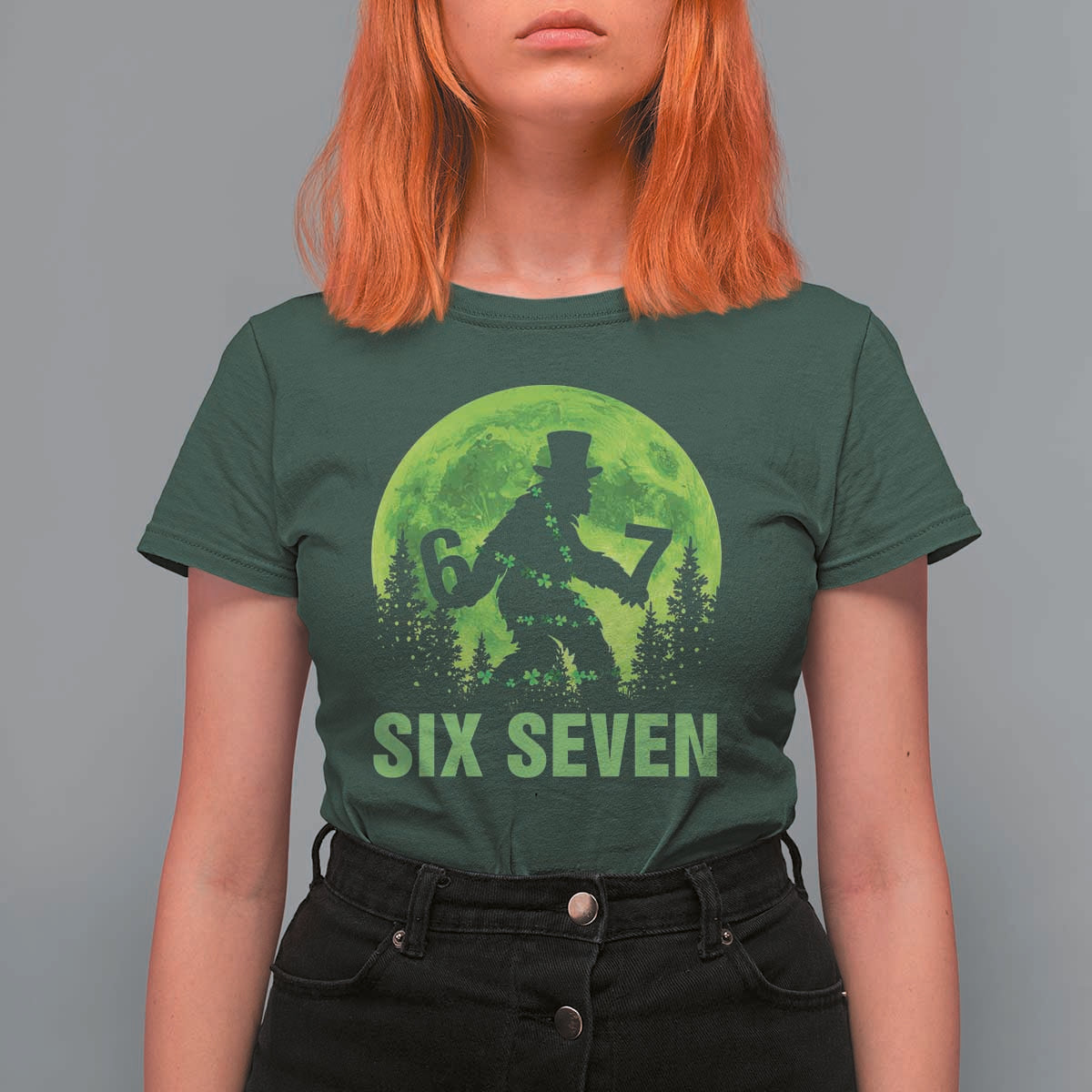 Funny Bigfoot St Patricks Day T Shirt For Women Sasquatch Hiding Moon Forest Meme