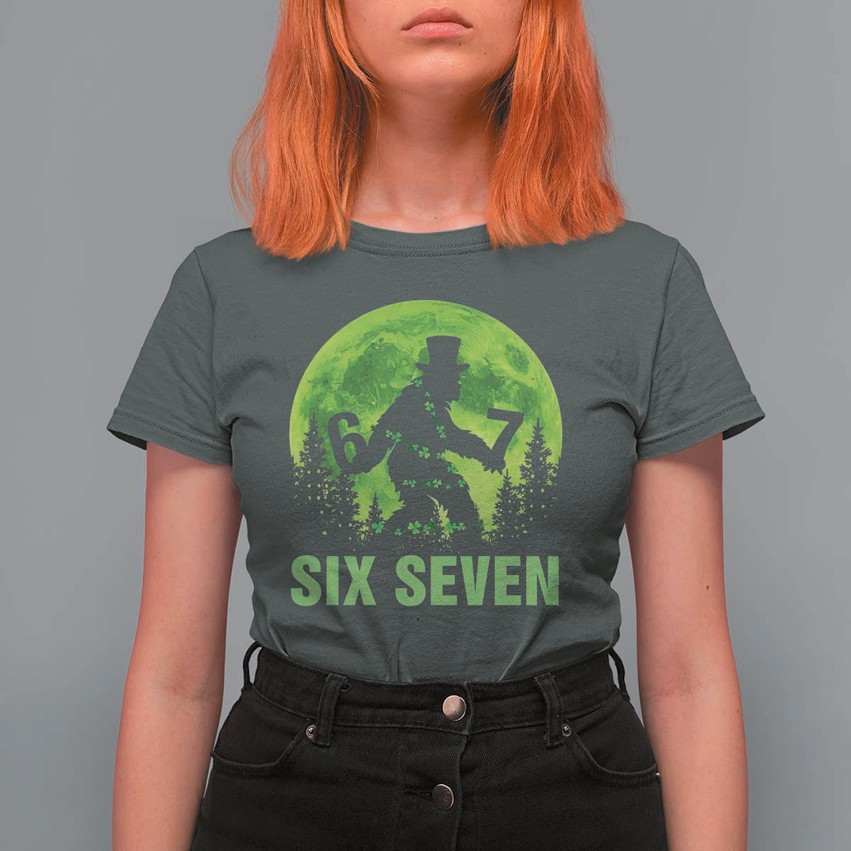 Funny Bigfoot St Patricks Day T Shirt For Women Sasquatch Hiding Moon Forest Meme