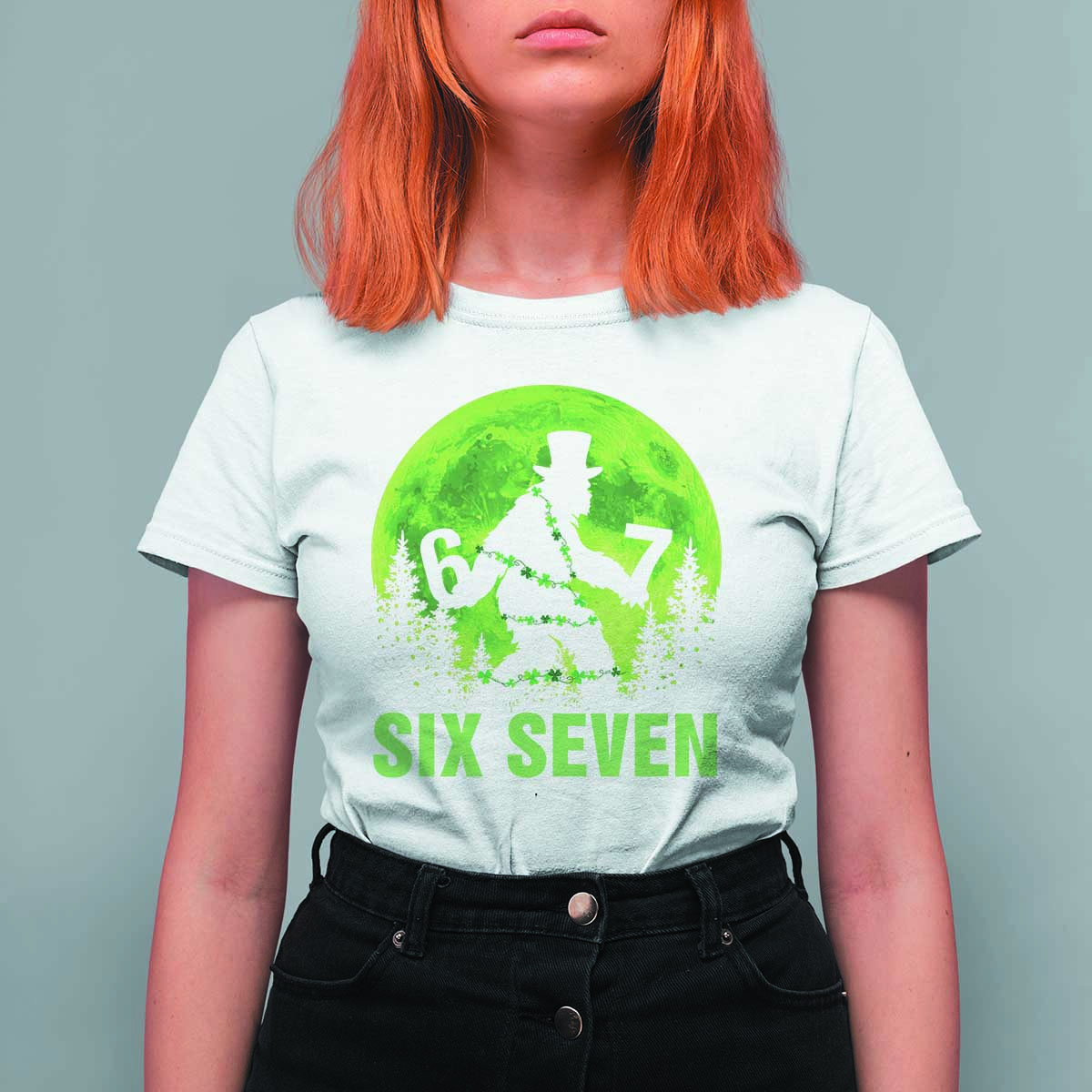 Funny Bigfoot St Patricks Day T Shirt For Women Sasquatch Hiding Moon Forest Meme