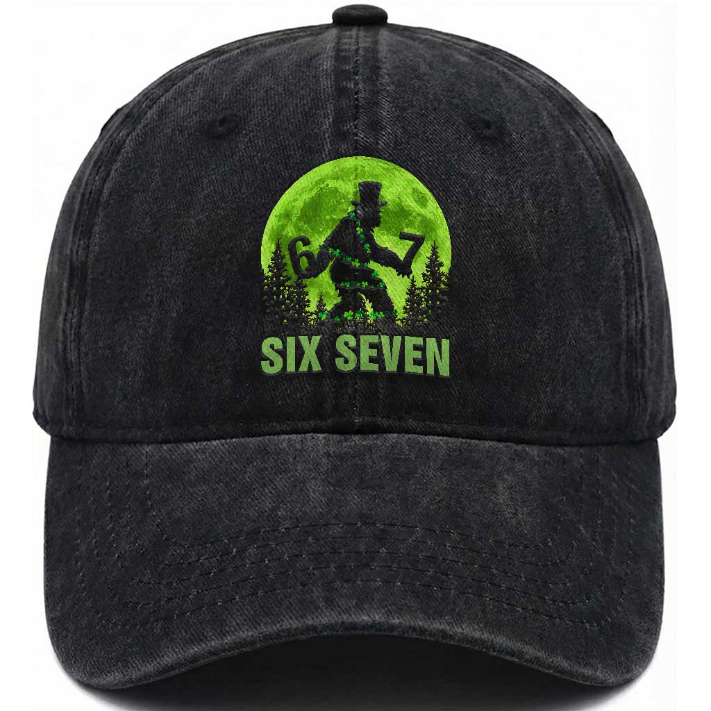 Funny Bigfoot St Patricks Day Washed Cotton Baseball Cap Sasquatch Hiding Moon Forest Meme
