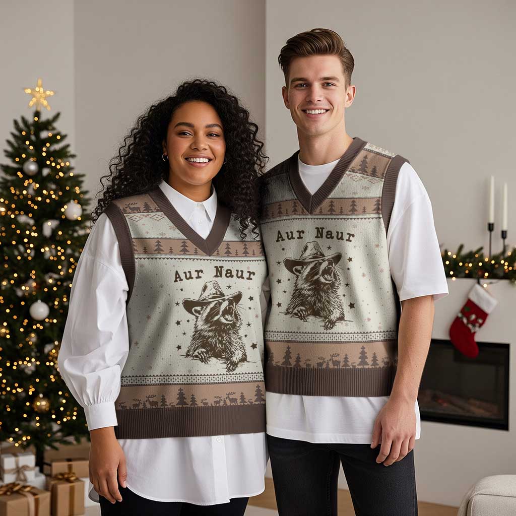 AUR Naur Cowboy Raccoon V-Neck Knit Sweater Vest Funny Sarcastic Oh No Australian Accent
