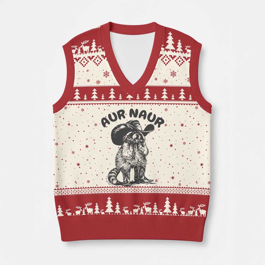 AUR Naur Cowboy Raccoon Meme V-Neck Knit Sweater Vest Funny Sarcastic Oh No Australian Accent