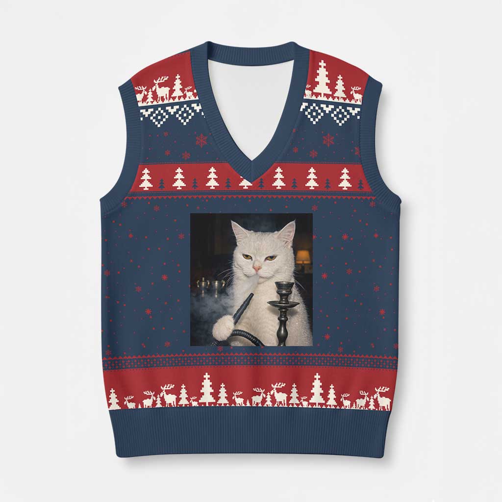 Funny Stoner Cat V-Neck Knit Sweater Vest 420 Stoner Smoking Cat Cannabis Lover Meme