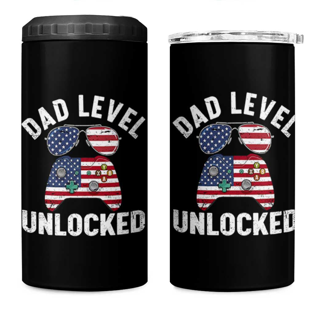 Dad Level Unlocked 4 in 1 Can Cooler Tumbler New Dad Gamer American Flag 4th of July