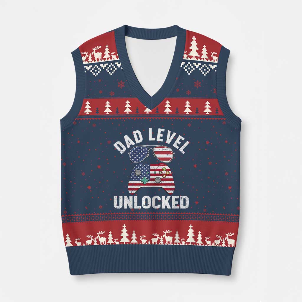 Dad Level Unlocked V-Neck Knit Sweater Vest New Dad Gamer American Flag 4th of July
