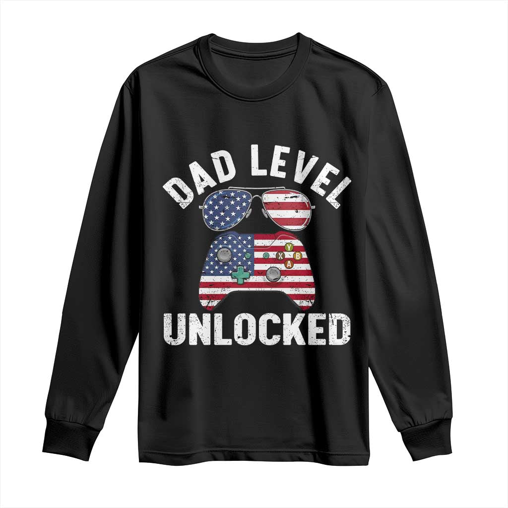 Dad Level Unlocked Long Sleeve Shirt New Dad Gamer American Flag 4th of July