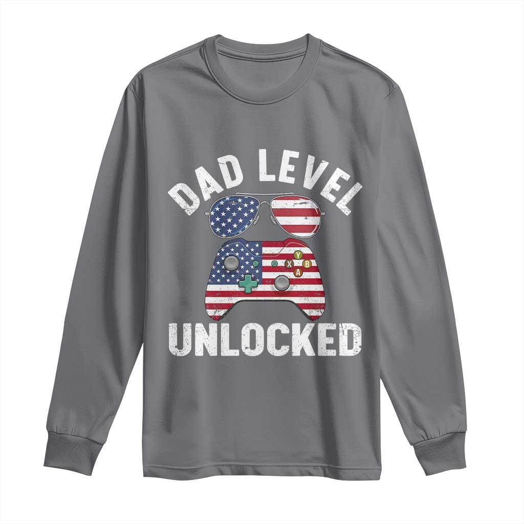 Dad Level Unlocked Long Sleeve Shirt New Dad Gamer American Flag 4th of July