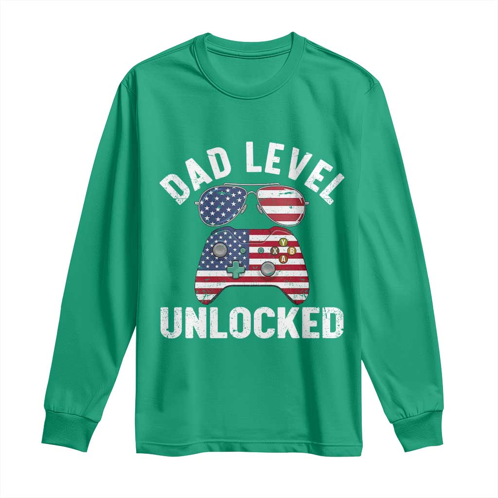 Dad Level Unlocked Long Sleeve Shirt New Dad Gamer American Flag 4th of July