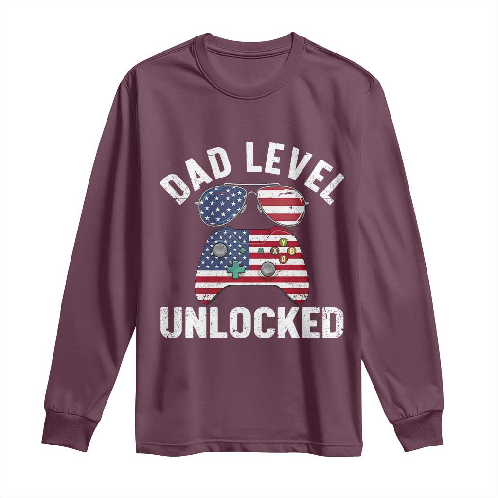Dad Level Unlocked Long Sleeve Shirt New Dad Gamer American Flag 4th of July