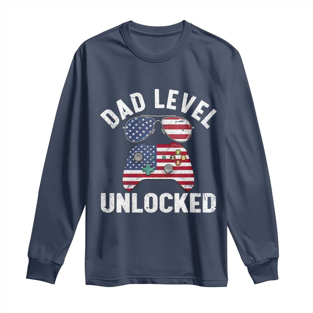 Dad Level Unlocked Long Sleeve Shirt New Dad Gamer American Flag 4th of July
