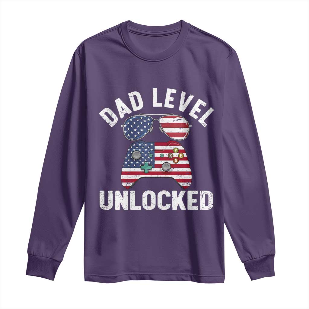 Dad Level Unlocked Long Sleeve Shirt New Dad Gamer American Flag 4th of July