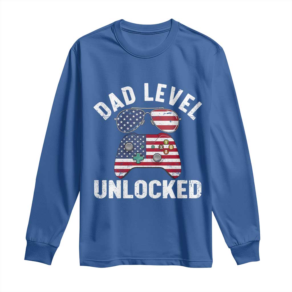 Dad Level Unlocked Long Sleeve Shirt New Dad Gamer American Flag 4th of July