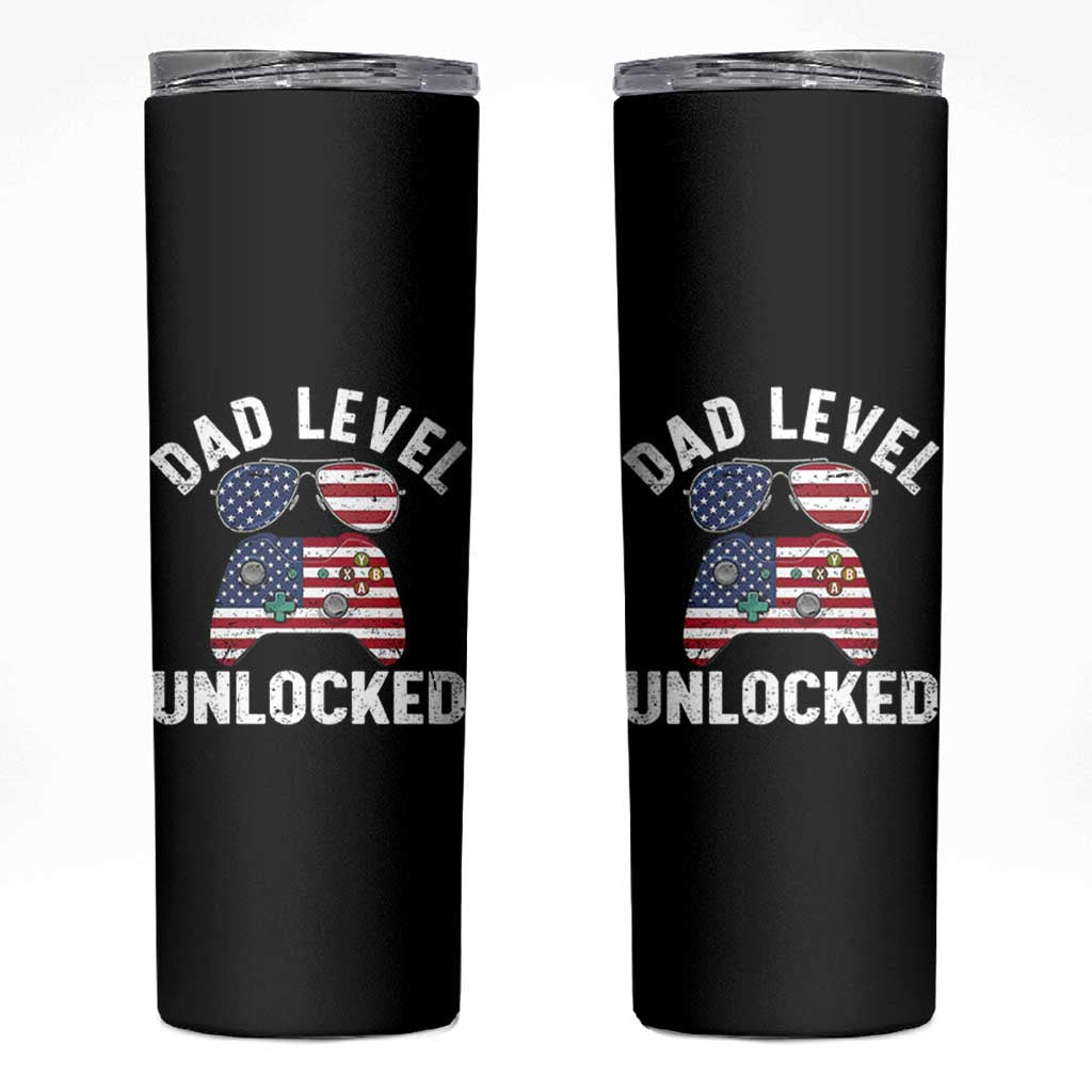 Dad Level Unlocked Skinny Tumbler New Dad Gamer American Flag 4th of July