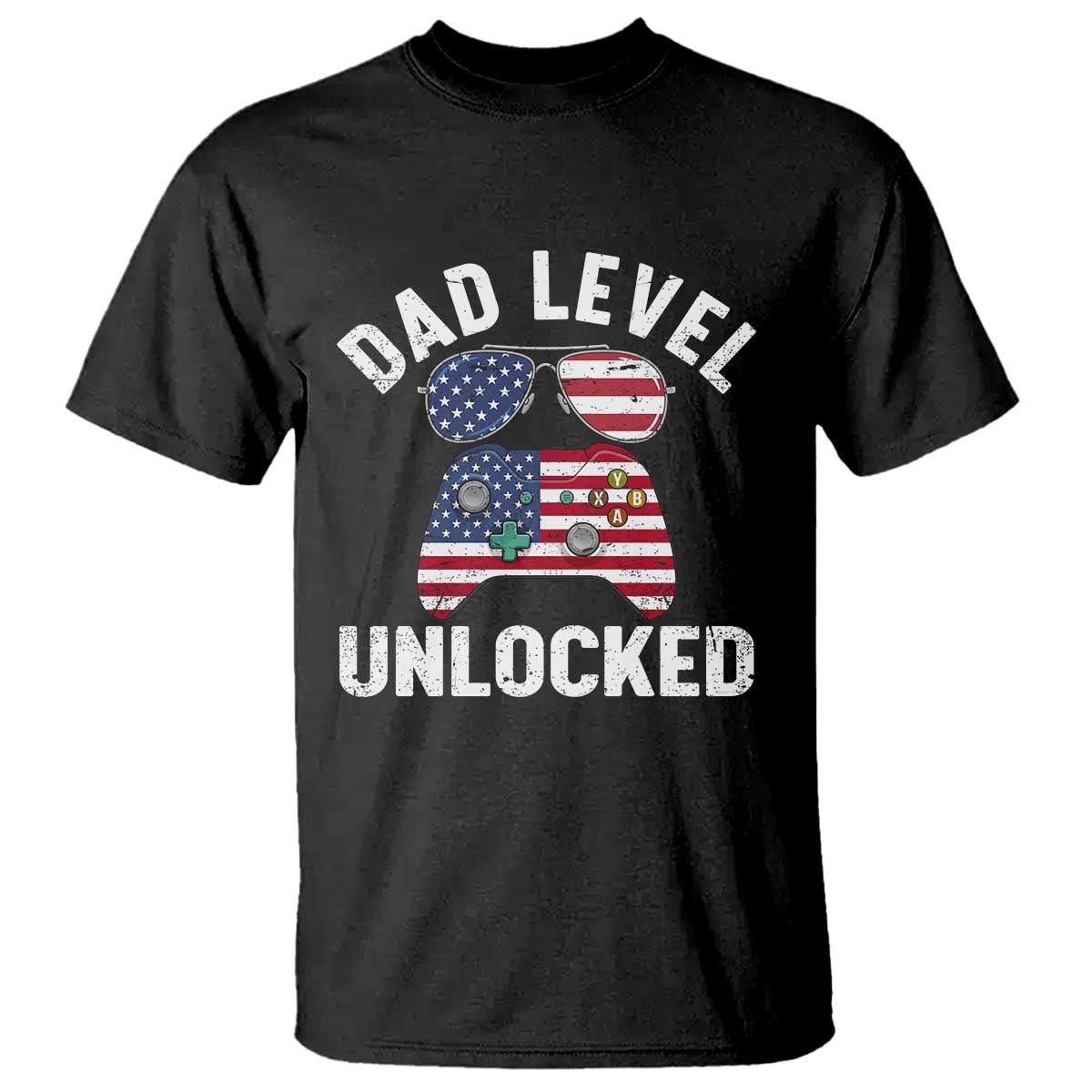 Dad Level Unlocked T Shirt New Dad Gamer American Flag 4th of July