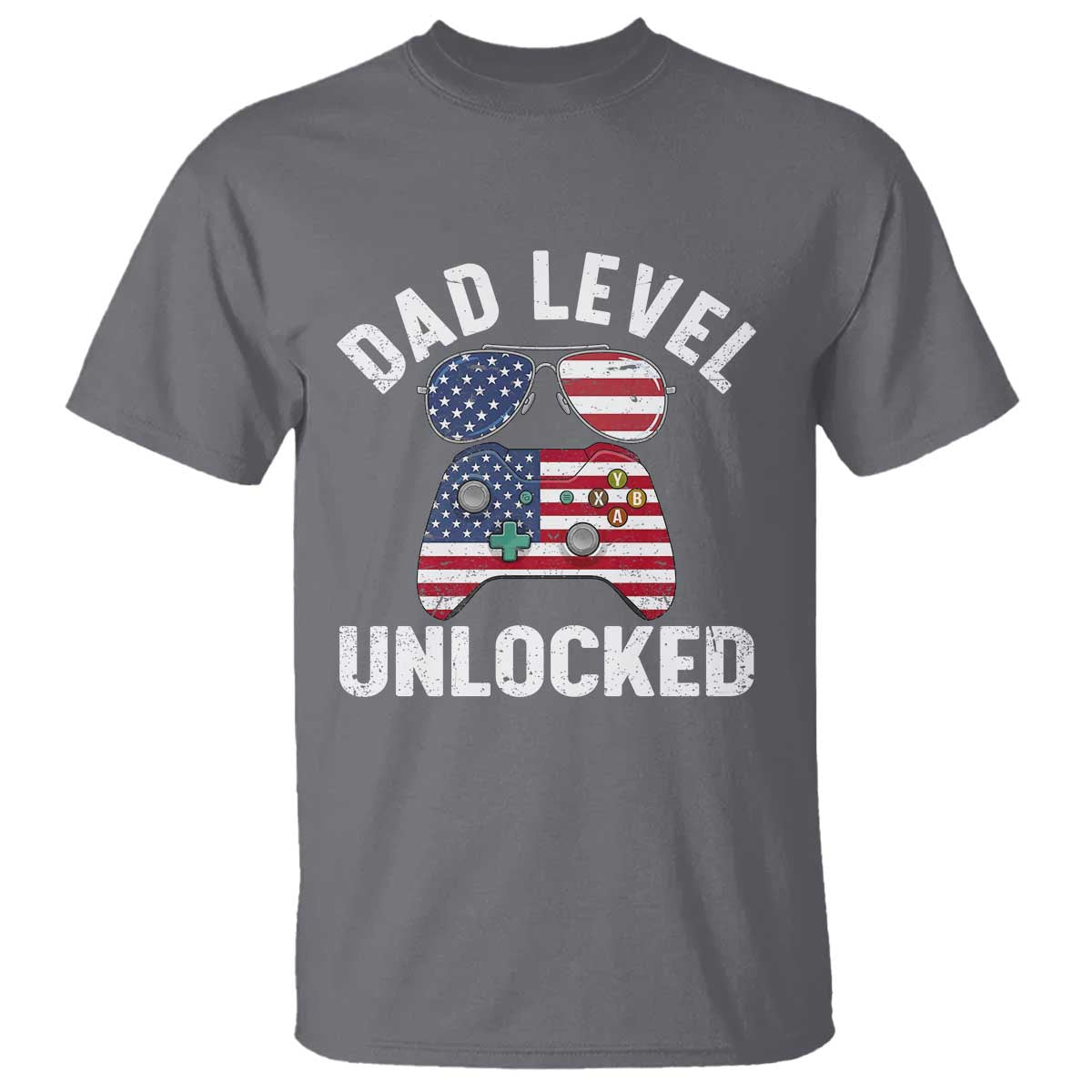Dad Level Unlocked T Shirt New Dad Gamer American Flag 4th of July