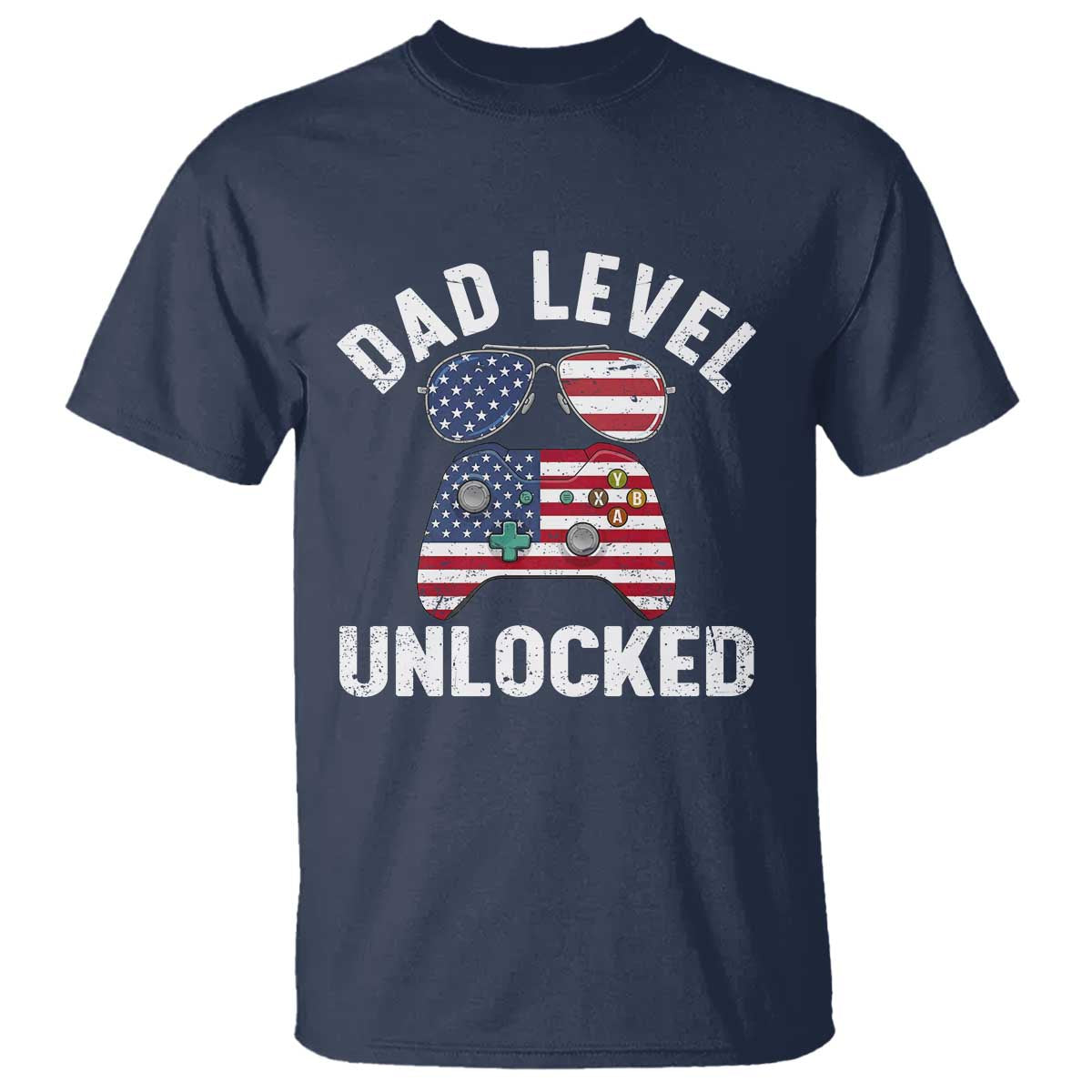 Dad Level Unlocked T Shirt New Dad Gamer American Flag 4th of July
