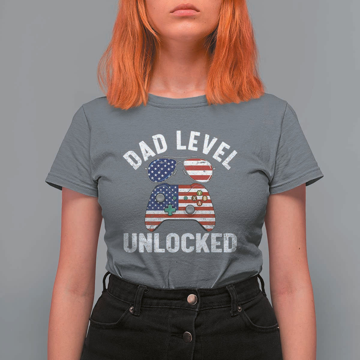 Dad Level Unlocked T Shirt For Women New Dad Gamer American Flag 4th of July