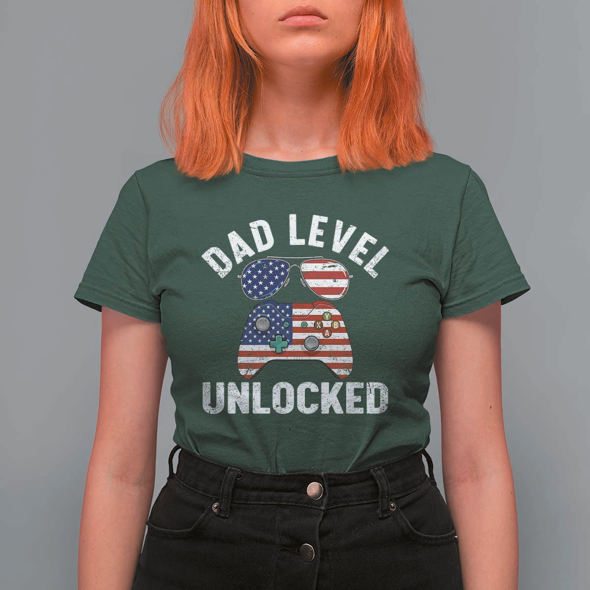 Dad Level Unlocked T Shirt For Women New Dad Gamer American Flag 4th of July