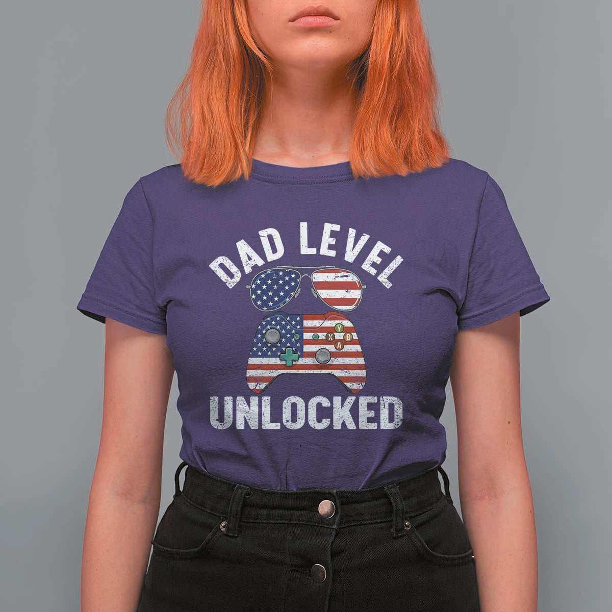 Dad Level Unlocked T Shirt For Women New Dad Gamer American Flag 4th of July