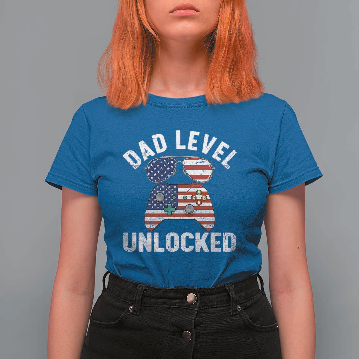Dad Level Unlocked T Shirt For Women New Dad Gamer American Flag 4th of July