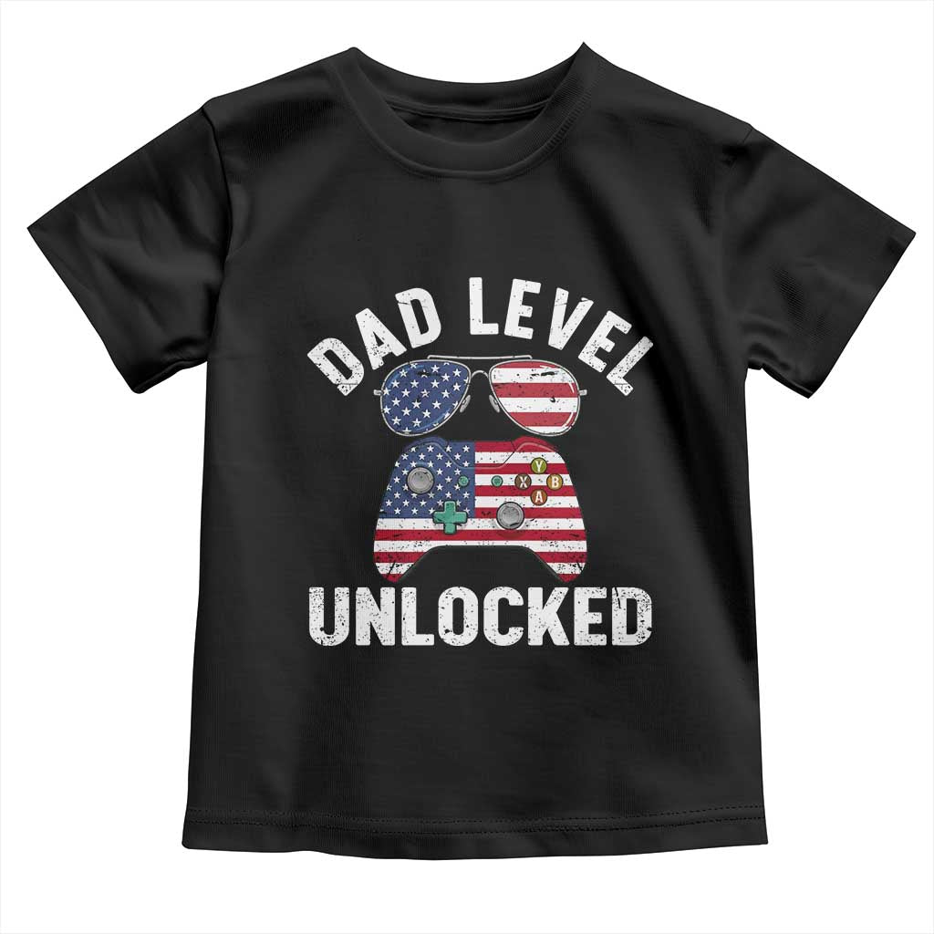 Dad Level Unlocked Toddler T Shirt New Dad Gamer American Flag 4th of July