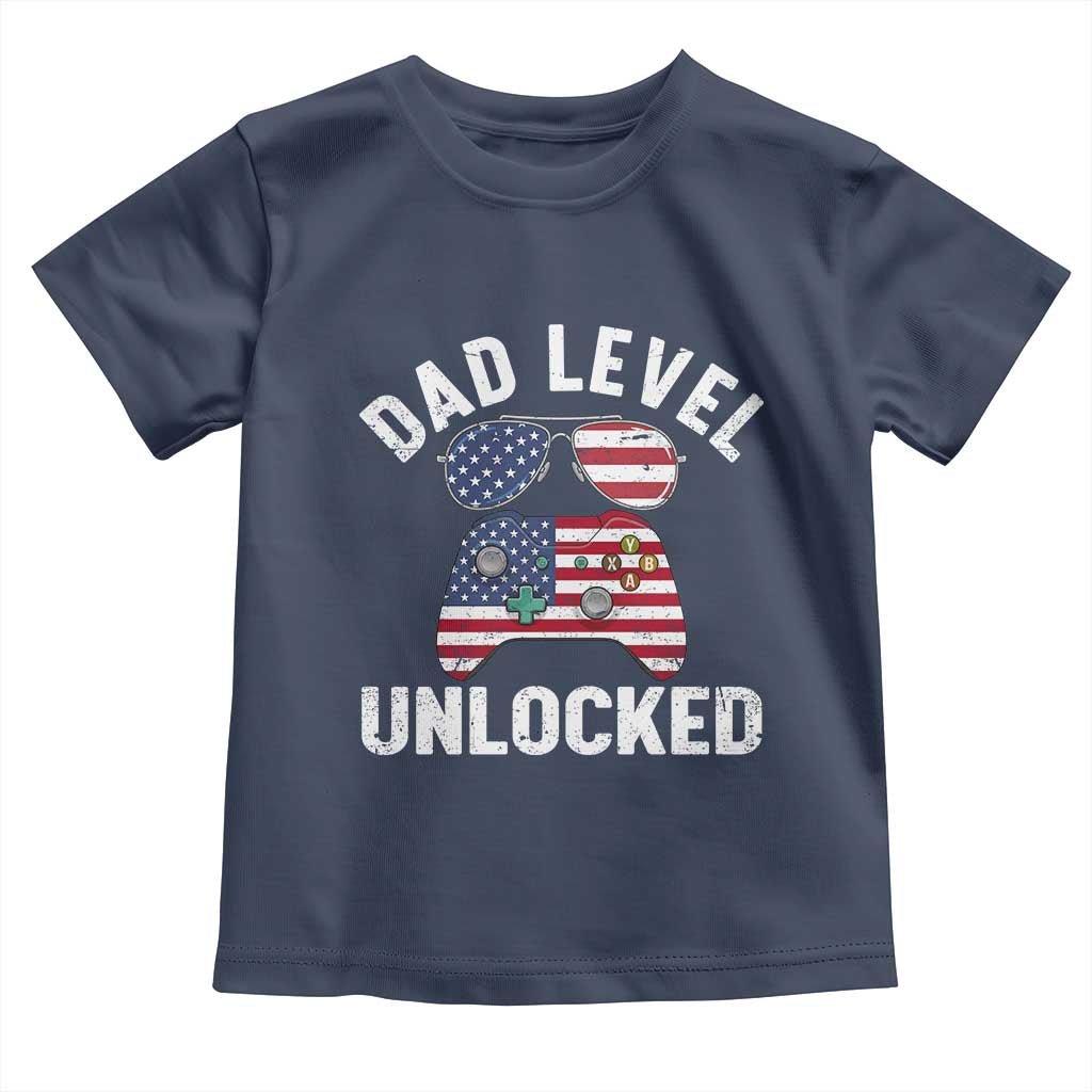 Dad Level Unlocked Toddler T Shirt New Dad Gamer American Flag 4th of July