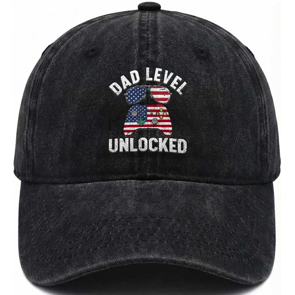 Dad Level Unlocked Washed Cotton Baseball Cap New Dad Gamer American Flag 4th of July