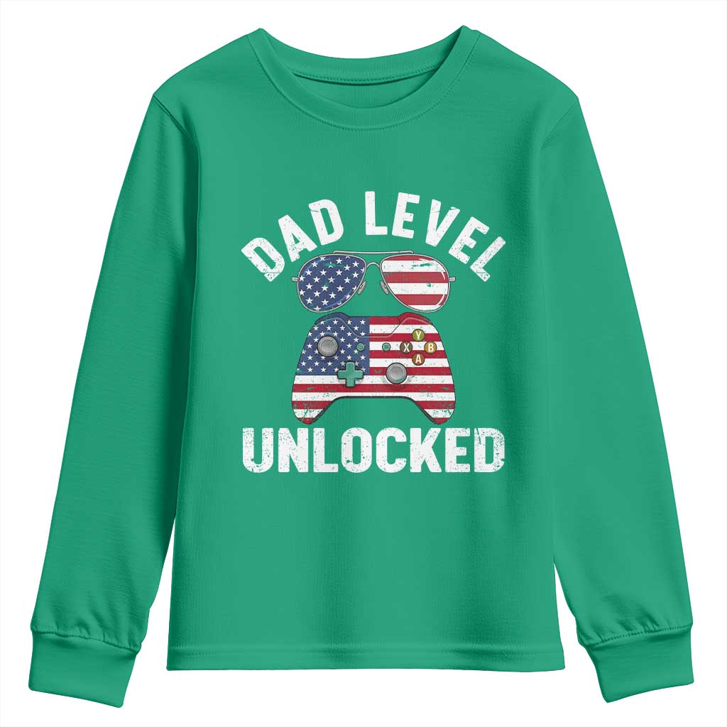 Dad Level Unlocked Youth Sweatshirt New Dad Gamer American Flag 4th of July