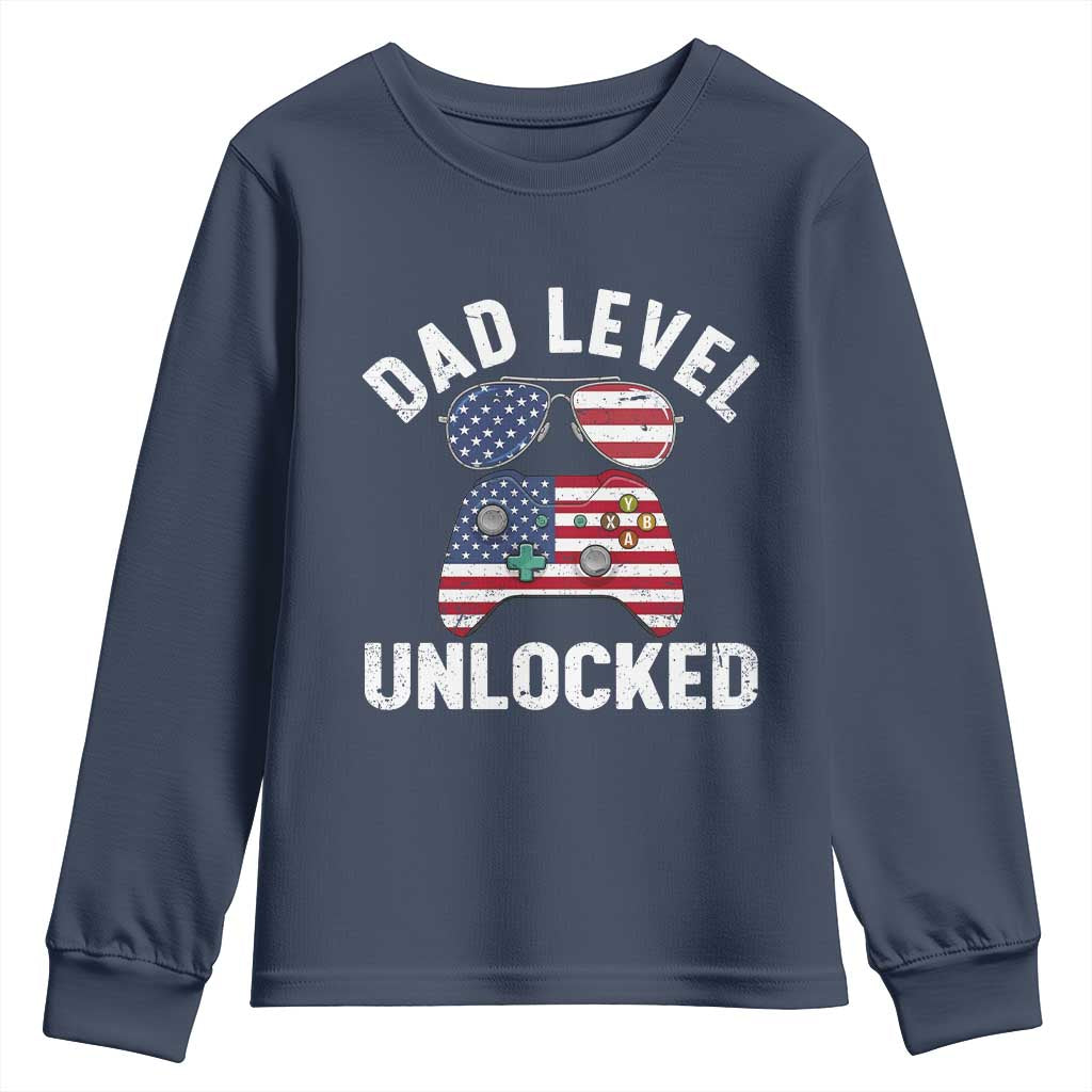 Dad Level Unlocked Youth Sweatshirt New Dad Gamer American Flag 4th of July