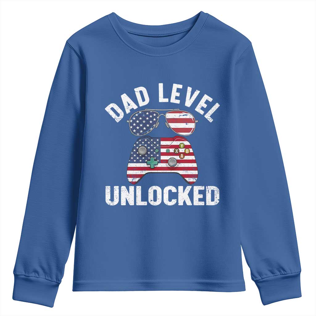 Dad Level Unlocked Youth Sweatshirt New Dad Gamer American Flag 4th of July