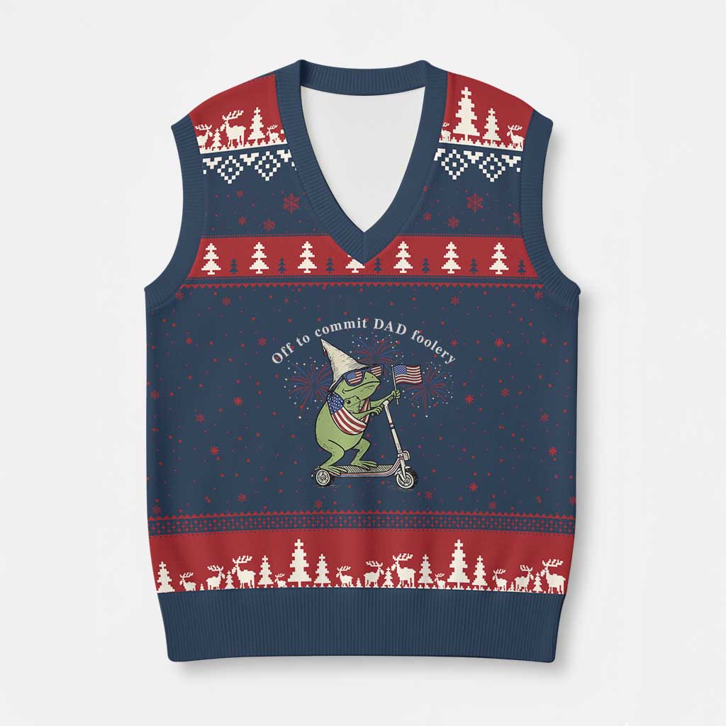 New Dad Frog 4th of July V-Neck Knit Sweater Vest Off to Commit Dad Foolery