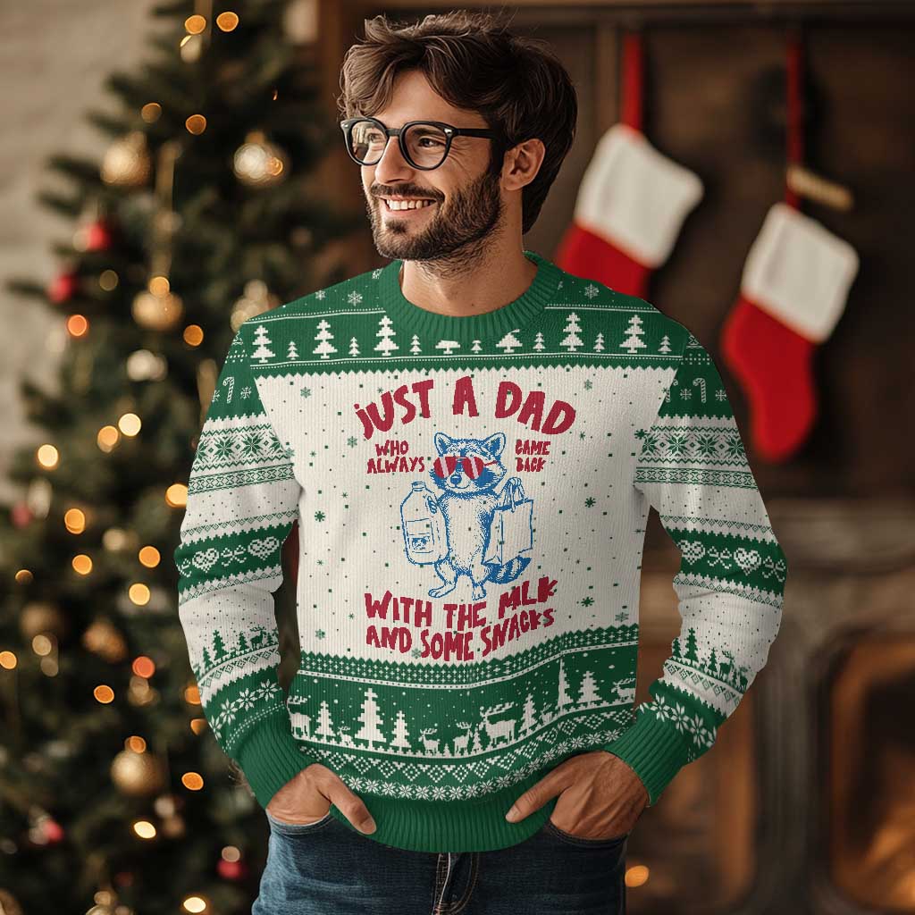 Just Dad Who Always Came Back With The Milk Ugly Christmas Sweater Funny Raccoon Dad
