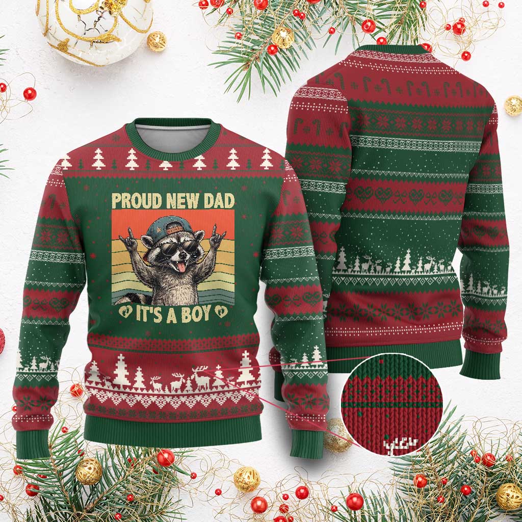 Proud New Dad It's A Boy Ugly Christmas Sweater Funny Raccoon Humor Father's Day