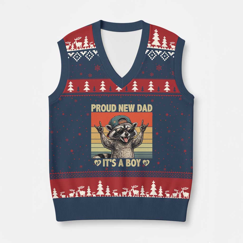 Proud New Dad It's A Boy V-Neck Knit Sweater Vest Funny Raccoon Humor Father's Day