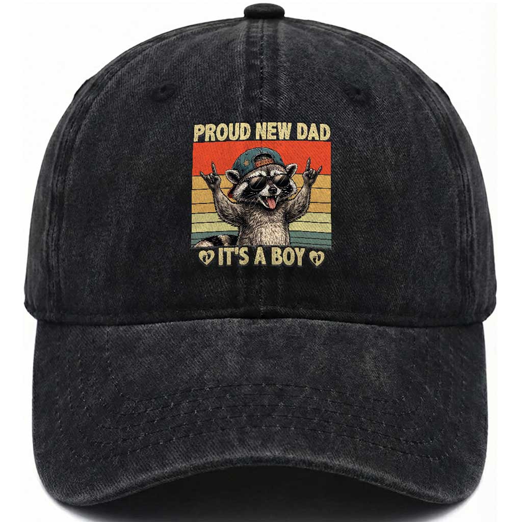 Proud New Dad It's A Boy Washed Cotton Baseball Cap Funny Raccoon Humor Father's Day