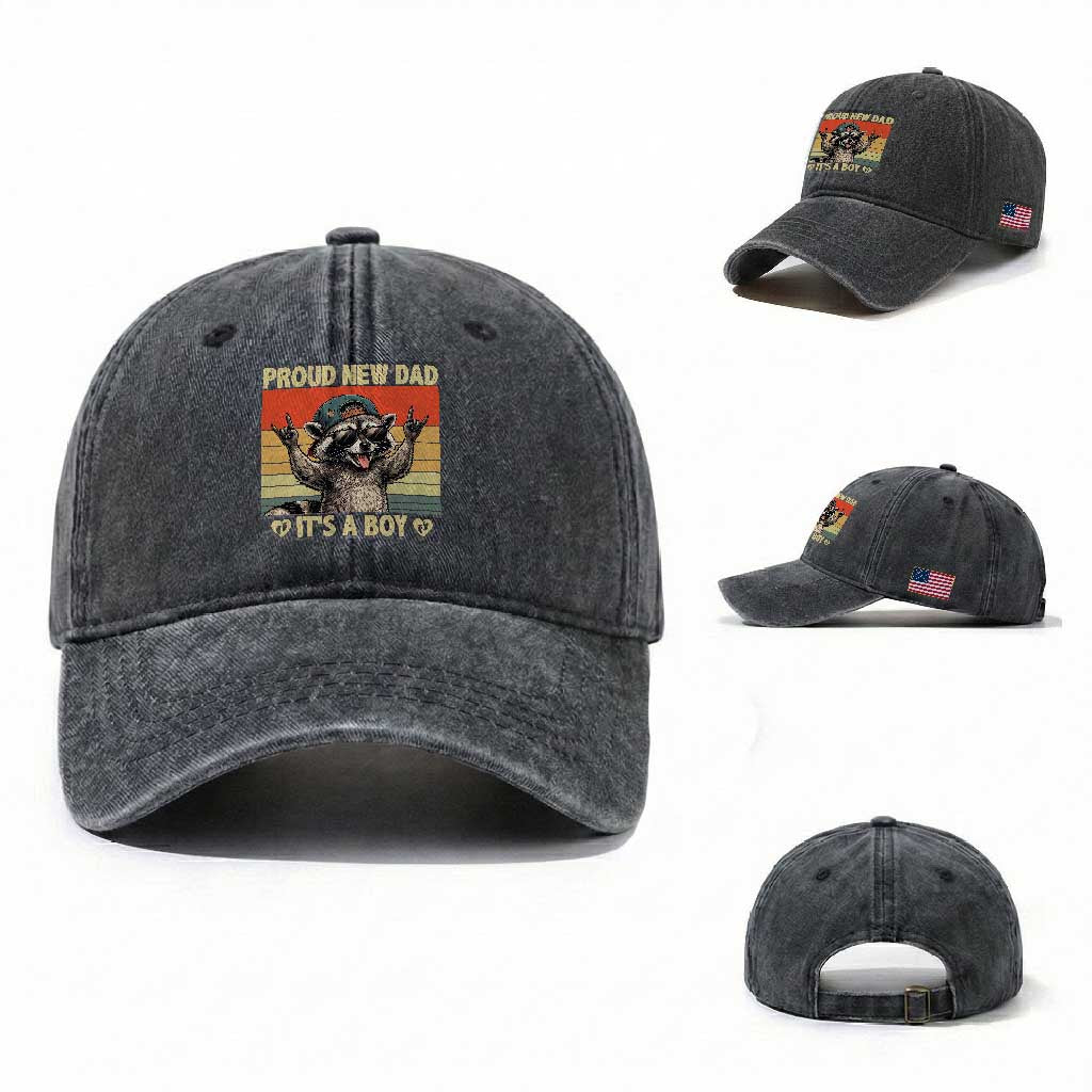 Proud New Dad It's A Boy Washed Cotton Baseball Cap Funny Raccoon Humor Father's Day