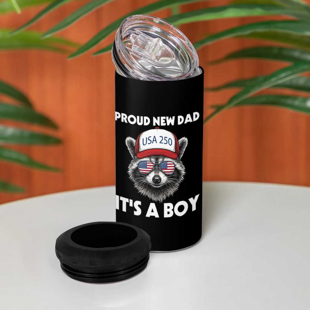 Proud New Dad It's A Boy 4 in 1 Can Cooler Tumbler Raccoon Patriotic America 250th Anniversary