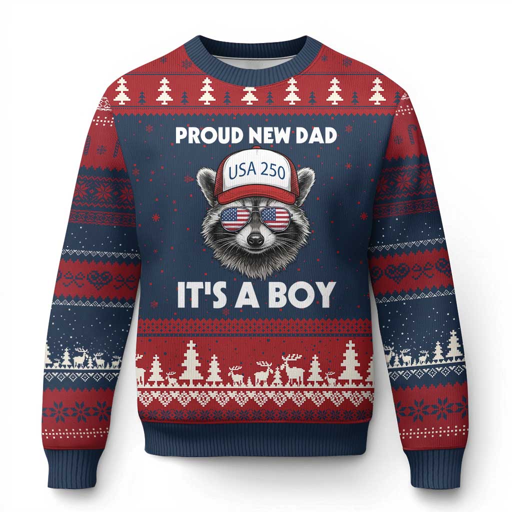 Proud New Dad It's A Boy Ugly Christmas Sweater Raccoon Patriotic America 250th Anniversary