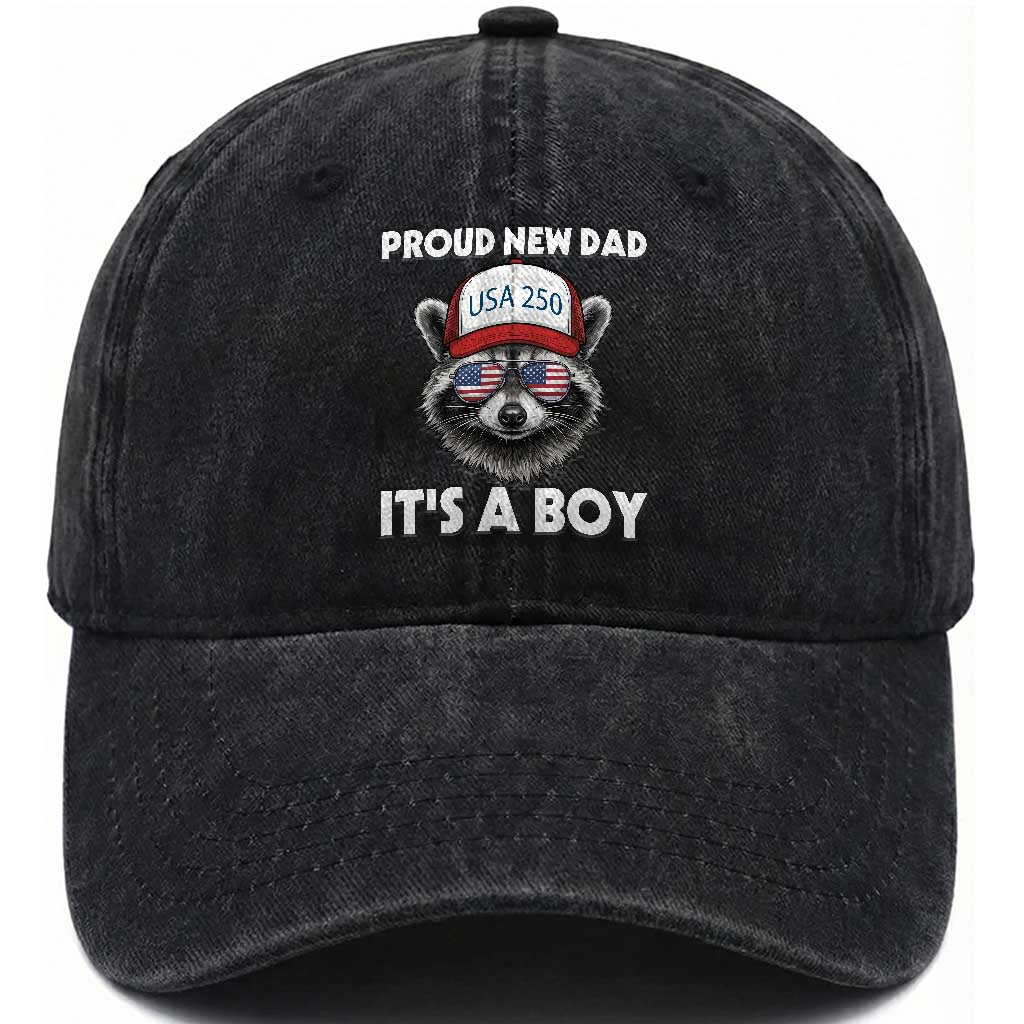 Proud New Dad It's A Boy Washed Cotton Baseball Cap Raccoon Patriotic America 250th Anniversary