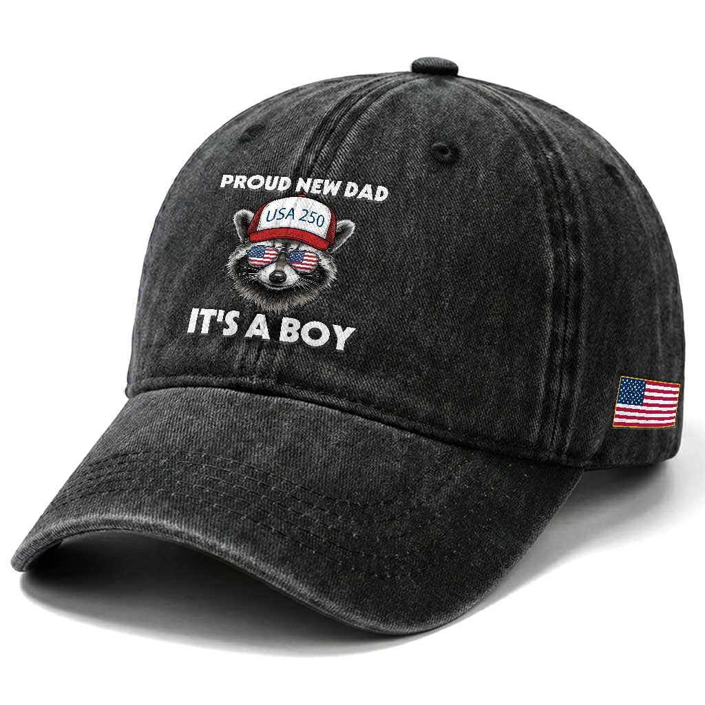 Proud New Dad It's A Boy Washed Cotton Baseball Cap Raccoon Patriotic America 250th Anniversary