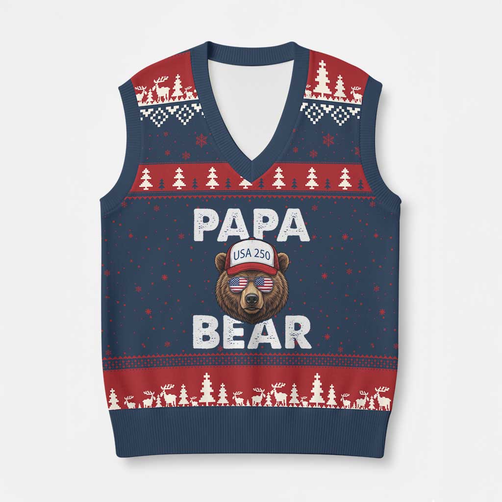 Papa Bear Father's Day V-Neck Knit Sweater Vest America 250th Anniversary USA Flag July 4th