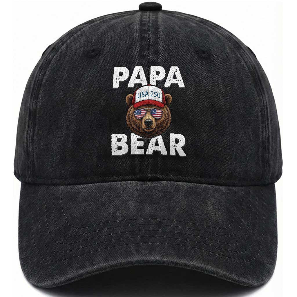 Papa Bear Father's Day Washed Cotton Baseball Cap America 250th Anniversary USA Flag July 4th