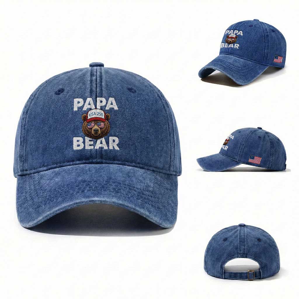 Papa Bear Father's Day Washed Cotton Baseball Cap America 250th Anniversary USA Flag July 4th
