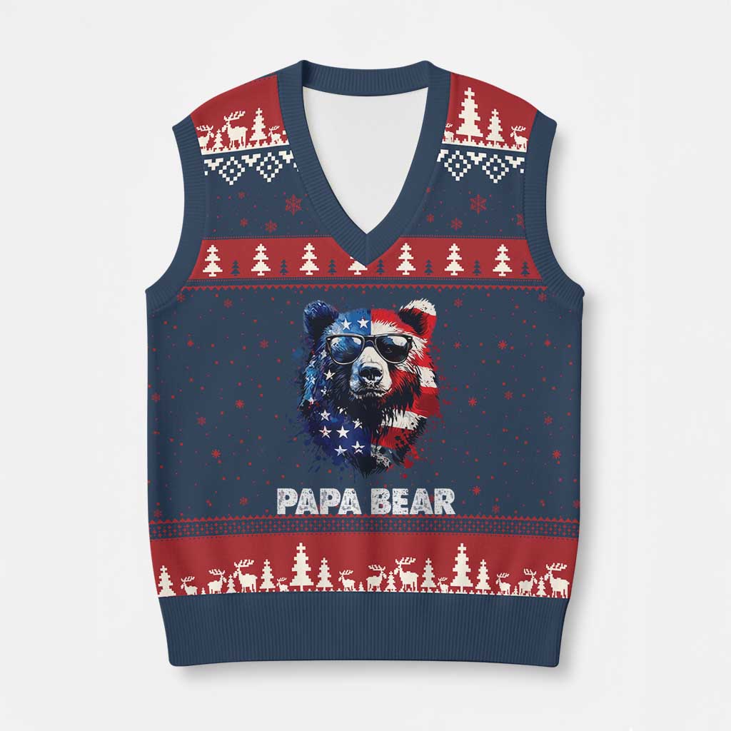 Papa Bear Father's Day V-Neck Knit Sweater Vest Patriotic American Flag 4th Of July