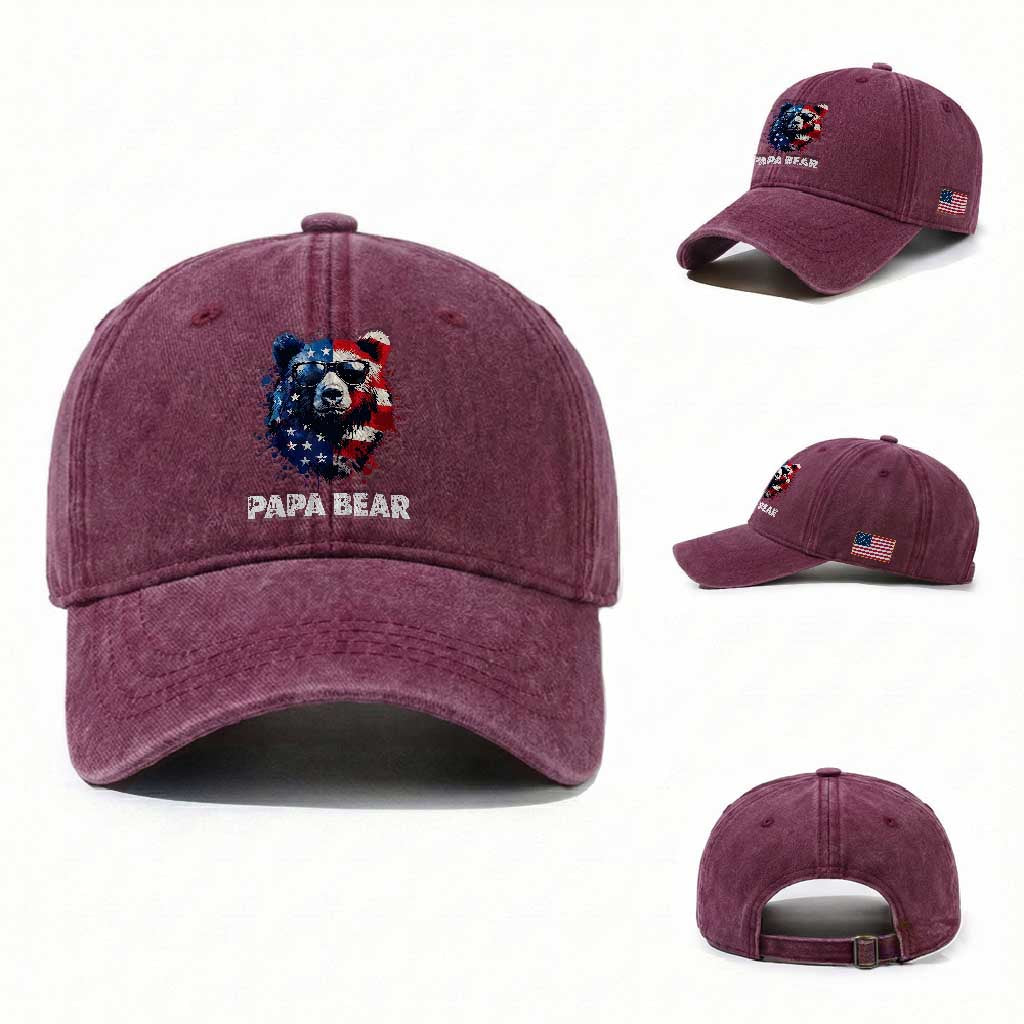 Papa Bear Father's Day Washed Cotton Baseball Cap Patriotic American Flag 4th Of July