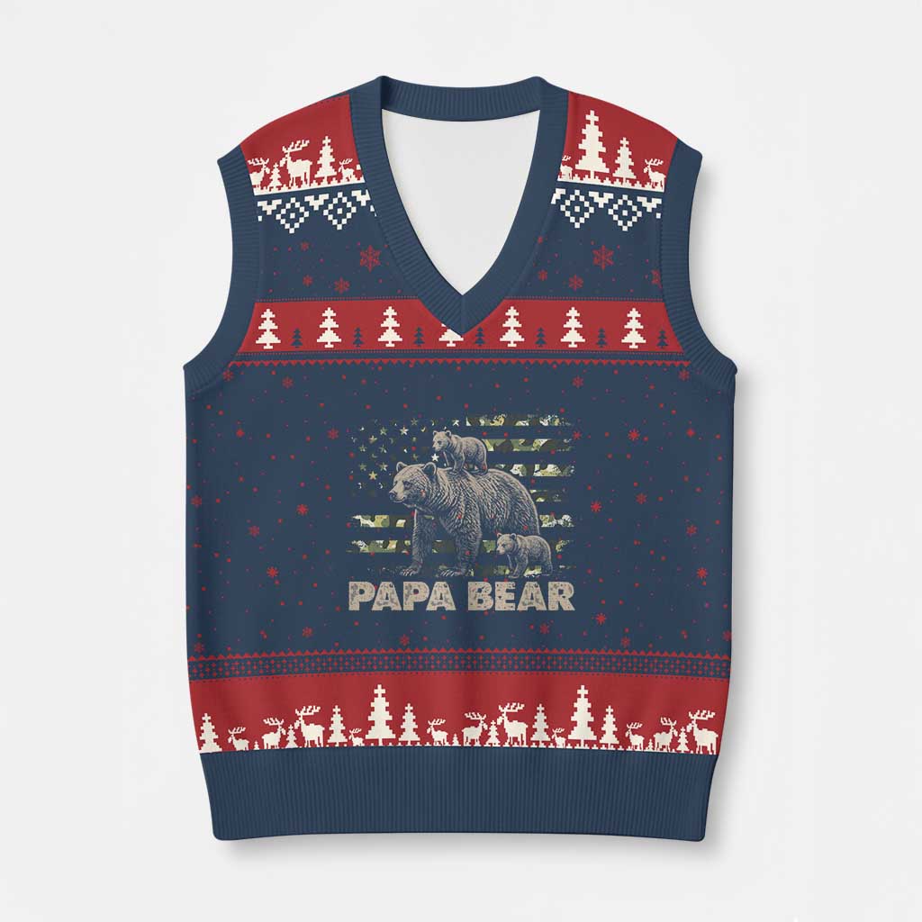Papa Bear Father's Day V-Neck Knit Sweater Vest Camouflage California Republic Flag Bear