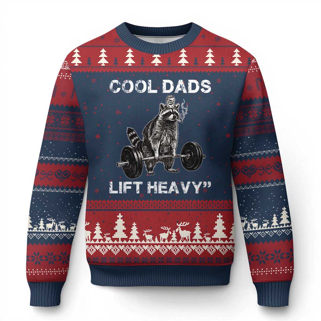 Cool Dads Lift Heavy Ugly Christmas Sweater Gym Dad Raccoon