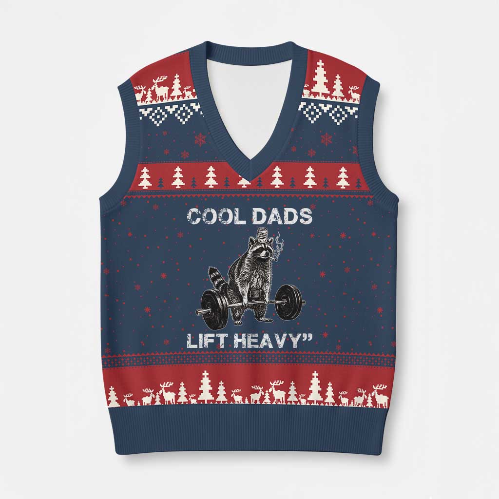 Cool Dads Lift Heavy V-Neck Knit Sweater Vest Gym Dad Raccoon